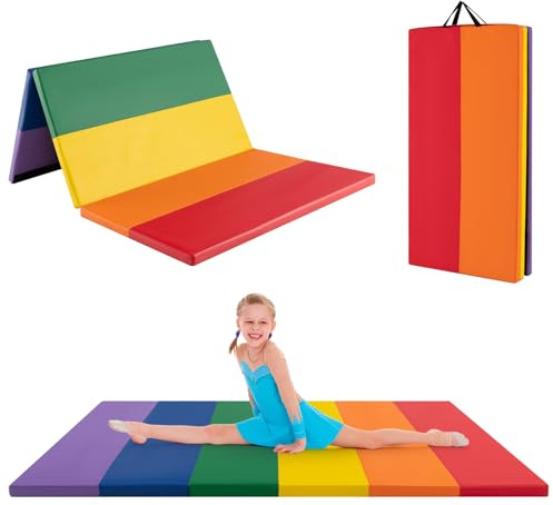 Goplus Gymnastics Mat, 6'x4' 3-Panel Folding Tumbling Mat w/Carrying Handles, Hook&Loop Fastener, Portable PU Leather Rainbow Exercise Mat for Home Gym Aerobics Yoga