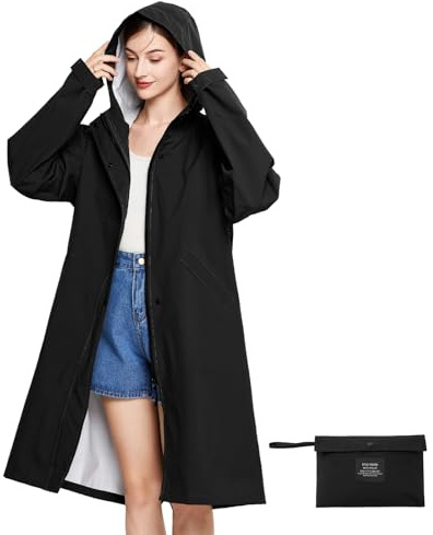 LAMA Chubasquero largo para mujer, impermeable, reutilizable, con capucha, con bolsa de transporte, impermeable ligero para mujer, cortavientos, abrigos para exteriores, Negro, M-L