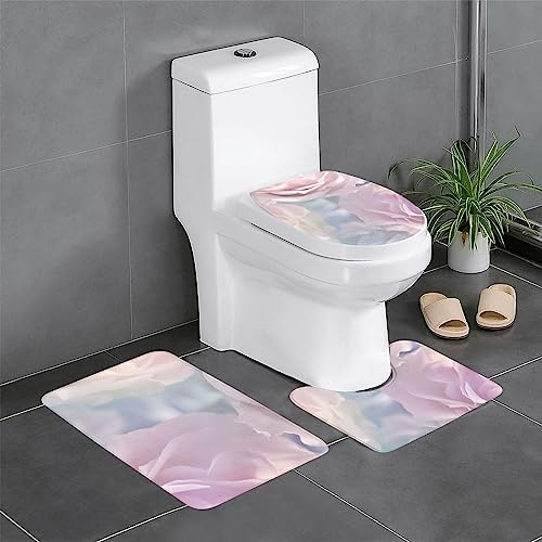 Badematten-Set aus Flanell, rutschfest, mit rosa Blumen, 3 Stück, 60 x 40 cm, Badematte + U-förmiger WC-Vorleger + O-förmiger Toilettensitzbezug