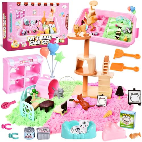 Joellfuner Sable magique pour enfants, sable cinétique avec 1 kg, sable magique et 4 chats 34 animaux domestiques, litière, jeux sensoriels, anniversaire, Noël, cadeau pour enfants 3 4 5 6 ans