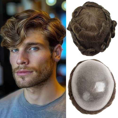 Ehairc Toupet pour hommes 0.04-0.06mm Peau fine Double nœuds Toupet Hommes Durable 100% Système de cheveux humains pour hommes Perruque Taille de base 8x10 pouces 120% Densité(4#)
