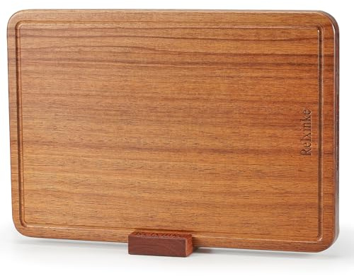 Relxinke Planche à découper en bois de teck massif une pièce non collée, épaisse et résistante aux fissures avec rainures pour jus profond, poignées intégrées pour cuisine, viande, légumes, 33 x 22 cm