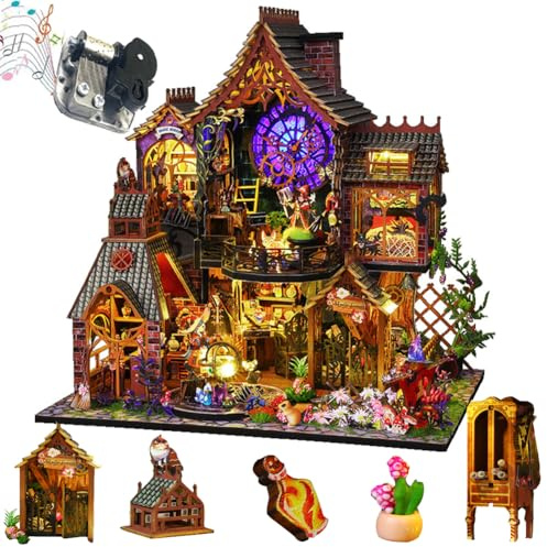 TOPBSFARNY DIY Miniatur-Puppenhaus-Set mit Möbeln, 3D-europäisches Vintage-Puppenhaus-Holzset, Holzhaus-Set, handgefertigt, Kreativität, Geburtstagsgeschenk (ES015)