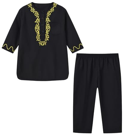 Ensemble de Musulman Moyen-Orient pour Garçon - Enfant Costume Musulman à Manches Longues et Col Rond et Pantalon - Vêtements Traditionnels Ramadan pour Dubaï Tenues Musulmanes