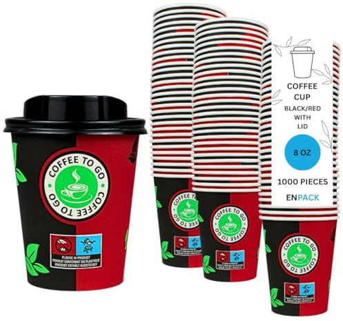 Enpack 1000 Schwarz/Rote Pappbecher mit Deckel 200 ml aus Kraftpapier - Kaffeebecher to go zum servieren von Tee, Kaffee, Glühwein oder anderen Getränken - Coffee To Go Becher