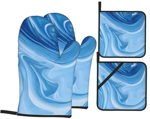 Blue Art Ofenhandschuhe und Topflappen, wasserdicht, hitzebeständig bis 260 °C, Mikrowellen-Handschuhe, Backhandschuhe, Kochhandschuhe, Kochhandschuhe, 4 Stück