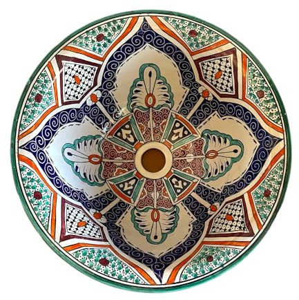 Lavabo marroquí de cerámica pintada a mano, 40 cm, diseño floral azul y verde, Fes artesanal
