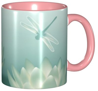Hzhuaoeg Libelle mit Seerose, 325 ml, Keramikbecher, Teetasse mit Griff, für Büro und Zuhause, heiße Getränke, Tee und Kaffee, Rosa