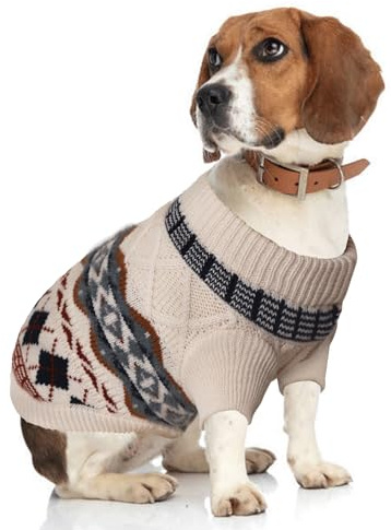 LiebeDD Hundepullover Kleine Hunde Pulli, Winter Warm Verdicken Hundepulli mit Geschirr-öffnung, Strick Pullover Hund Klein Hunde Weihnachtspullover, Boho Dog Sweater, Beige, S