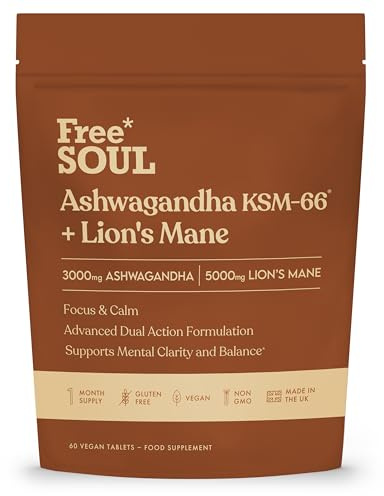 Ashwagandha KSM-66® + Lions Mane Complex | 5000mg Lions Mane + 2500mg Ashwagandha High Strength Tablets| Added Zinc + Vitamin B6 | Vegan UK Made| Free Soul