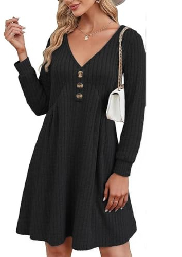 GRMLRPT Robe Femme Décontracté Robes Manches Longues Pull A-Line à Col V Tissu du Côtelé Pullover Chaud Casual Automne Hiver pour Bureau(Marron,M)