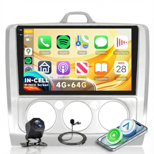 Rimoody 4G 64G Android Car Radio for Ford Focus Mk2 Focus Mk3 2004-2011 9'' In-Cell Screen Car Stereo Wireless CarPlay Android Auto GPS/Bluetooth 5.0/FM RDS/EQ/Wi-Fi/Mirror Link/AHD Backup Camera