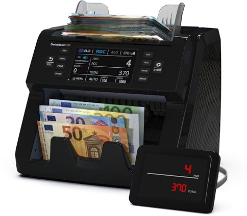 Detectalia V30 Banknote Counter and Counterfeit Detector with Dual CIS, 4.5” Touchscreen + External Display, Serial Number Reading, Multi-Currency Mixed Counting, 1200 Notes/Minute, USB