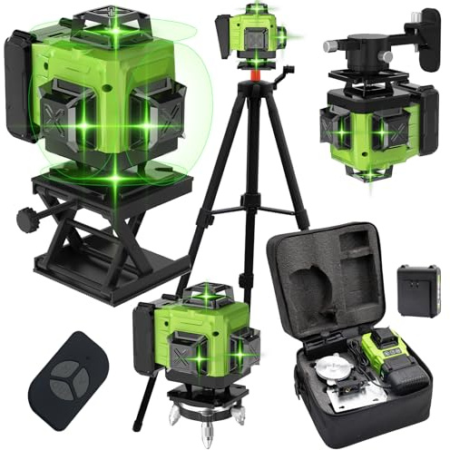 Laser Level with Tripod Self-Leveling 4 x 360°, 4D 16 Lines Lazer Level Tool with 4800mAh Battery, Green Laser Spirit Levels with Pulse Mode, Swivel Base Remote Control Wall Bracket, LED Display