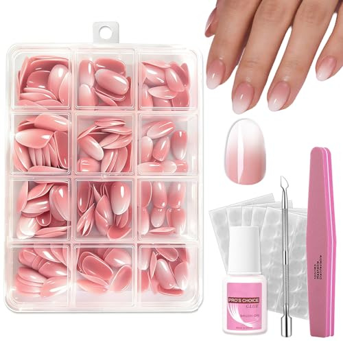 Short Oval False Nails Kit - 240PCS Ombre Fake Nails with Glue - Round Almond Press on nails - French Manicure Stick on Nails - Durable Glue on nails for Women - 12 Sizes Full Cover Acrylic Nail Tips