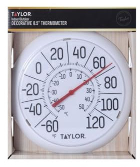 Taylor - Termometro a quadrante in plastica bianca, 21,6 cm, per uso interno ed esterno, lettura del quadrante chiaro e monitoraggio quotidiano, grande termometro da esterno con montaggio a casa