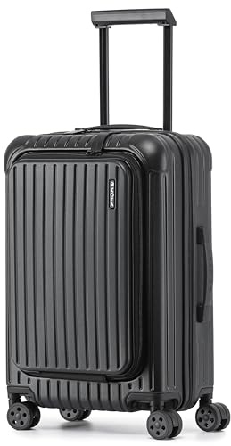 KOFA Munich Handgepäck Koffer, 55cm Hartschalen Trolley aus Polycarbonat mit Frontfach & Laptopfach, Cabin Reisekoffer, Rollkoffer Spinner Carry-on mit 4 Rollen und doppelte TSA Schloss 35L (Schwarz)