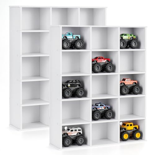 Krafetto Monster Truck Schaukasten mit 15 Fächern, Spielzeugauto Aufbewahrung und Display-Regal für Monster Trucks und Modellautos, Wandregal/Standregal fürs Kinderzimmer, Weiß 2 Stück