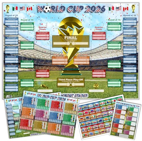 World Cup 2026 Wall Chart & Sweepstake Kit – A2 Group & Knockout Posters + A4 Register & 48 Team Tickets – Fixtures, Dates, Stadiums, Flags, Results Tracker – Football Wall Planner