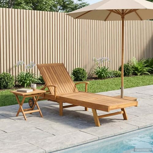 Zentexion Sonnenliege aus massivem Teakholz mit integrierter Tischfunktion und Verstellbarer Rückenlehne, witterungsbeständig für Garten Terrasse Balkon