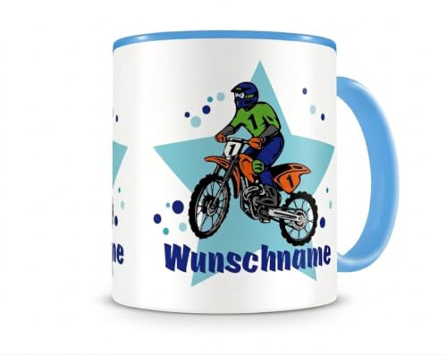 Samunshi® Kindertasse mit Namen Tasse Motorrad Cross Fahrer Personalisierte Tasse mit Namen Kinder Kinderbecher personalisierter Text Kindergarten blau 300ml