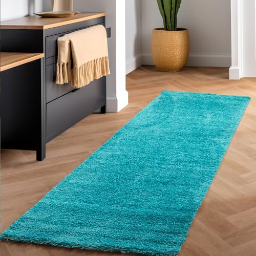 SIMPEX Shaggy Hochflor Teppich, 80x150 cm, Türkis, weich, flauschig, modern, einfarbig, Ideal für Flur oder Kinderzimmer, für Wohnzimmer Schlafzimmer Flur
