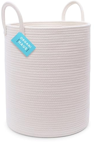 OrganiHaus Korb Geflochten Rund, Wäschekorb Geflochten, Korb Aufbewahrung Groß, Aufbewahrungskorb Kinderzimmer, Aufbewahrungskorb für Decken Kissen Spielzeug, Faltbar mit Griff - 38x45cm, Weiß