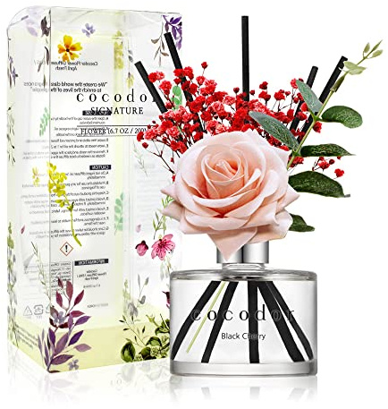 Cocod'or [COCODOR/Black Cherry Reed diffuser oil 200ml with Rose, Eucalyptus and Preserved Flower sticks. Best for Home, Kitchen, Bathroom. Diffusers with Sticks