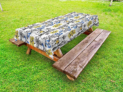 ABAKUHAUS Garten Outdoor-Tischdecke, Peony Hydrangea Veilchen, dekorative waschbare Picknick-Tischdecke, 145 x 305 cm, Dunkelgrau Gelb