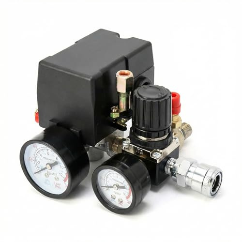QWORK® Air Compressor Pressure Switch Control Valve, 90-120PSI Pressure Regulator with Pressure Gauges Fittings Set