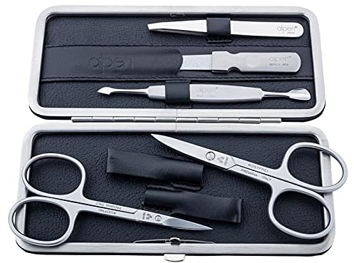 Alpen Maniküre-Set, 5tlg, rostfrei, Hautschere, Nagelschere, Pinzette, Nagelschieber, Nagelfeile, schwarzes Rahmenetui