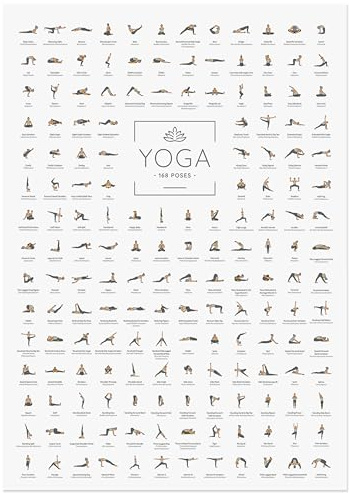 JUNOMI® Yoga Poster DIN A2 mit 168 Asanas | Yoga Übungen Poster | Wanddeko für Yogastudio, Übungsraum und Zuhause, alle Posen alphabetisch von Baby Cobra bis Wild Thing
