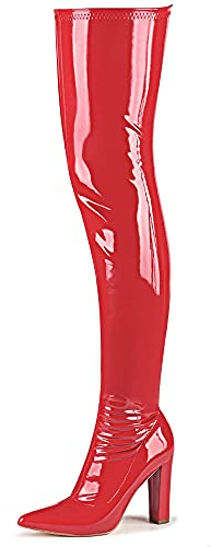 WSKEISP Red GOGO Boots Women's Thigh High Patent Leather Knee-high Over The Knee Boots Chunky Fall Winter Cosplay Casual