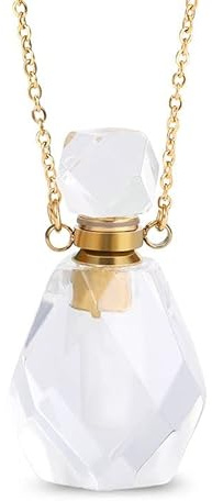 Jeulia Quartz Crystals Necklace: Rose Quartz/Amethyst Perfume Essential Oil Bottle Natural Healing Stones Pendant Necklace Jewelry for Womens (Clear Quartz)