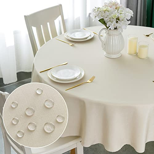 Yeahshion Runde Tischdecke Abwaschbar Beige Φ150cm, wasserdichte Tischdecke Polyester-Leinen-Optik für Tisch, Esszimmer, Restaurant Schutz (Beige, Φ150cm)