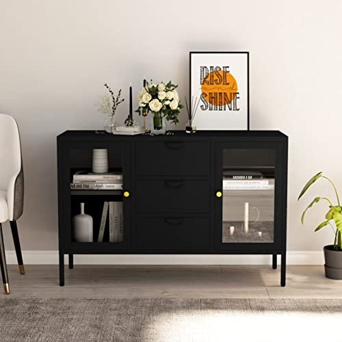 Tidyard Skänk vitrinskåp byrå skänk vitrinskåp sidoskåp multifunktionellt skåp stående skåp svart 105 x 35 x 70 cm stål och härdat glas