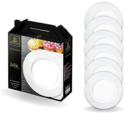 Wilmax | Tallrik – 6 stycken | Ø 20 cm | vit mattallrik av porslin | mattallrik | diskmaskinssäker | frukosttallrik | tårttallrik | förpackad i elegant presentförpackning