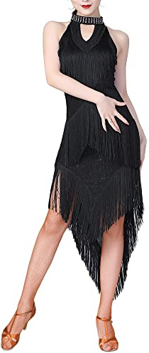 Abito da Ballo Latino Donne Strass Abito con Frange Salsa Tango Sala Costume da Ballo Vestiti Salsa Abiti Danze,Nero,XL