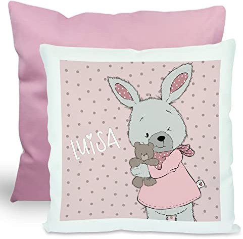 CreaDesign, Kinder Kissen 40x40 cm personalisiert mit Namen, Kinderzimmer Deko Kissen Kinder mit Füllung Federn, Motiv Hase Emma, Rückenfarbe Rosa