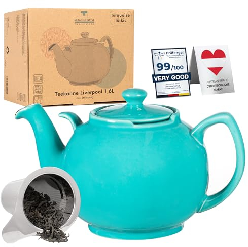 Teekanne Liverpool mit Siebeinsatz Türkis max.1,6 L hochwertiges Steinzeug von URBAN LIFESTYLE Teapot, Teekanne die tropffrei ist. Tea Pot
