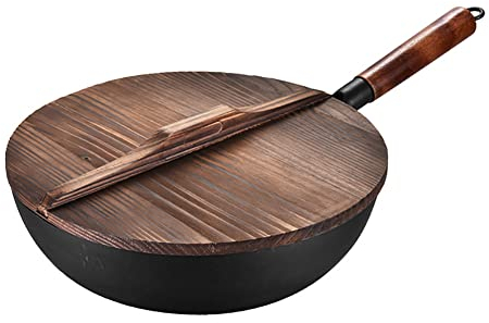 OQHAIR Wok en Acier au Carbone pré-assaisonné, woks Japonais Traditionnels Chinois en Acier au Carbone pré-assaisonné pour cuisinière électrique, cuisinière à Induction et cuisinière à GA