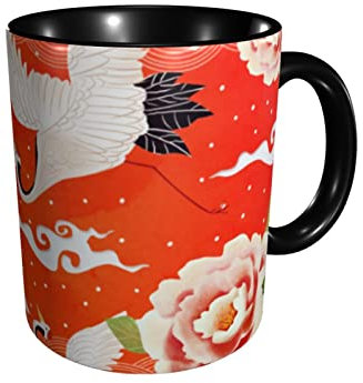 RFSHOP Tazas de café de cerámica con diseño de grulla de peonía vintage de 325 ml, taza de té para oficina y cocina en casa