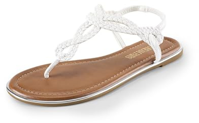 DREAM PAIRS Women's Flat Sandals Dressy Summer Stappy Comfortable Ankle Elastic T-Strap Beach Thong Sandals,Size 9.5,White,SDFS2406W