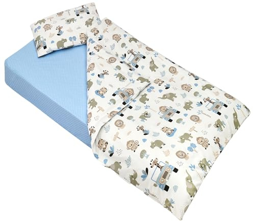 Lovely Hippo - Sábana Bajera de 80 x 160 cm + Funda Nórdica de 120 x 170 cm + Funda de Almohada Infantil de 40 x 60 cm. Cama 80x160. (Safari Azul, Cama 80x160 cm - Juego de 3)