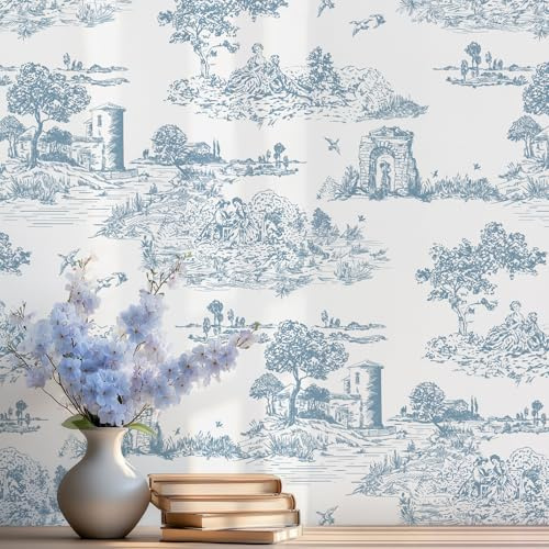 WENMER Wandtapete zum Abziehen und Aufkleben, 45 x 1000,8 cm, Blau und Weiß, selbstklebend, entfernbar, Retro-Tapete für Wohnzimmer, Schlafzimmer, Wanddekoration