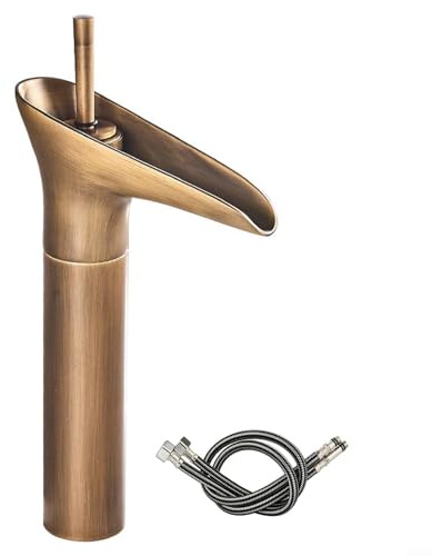 ZAMETTER Grifo de copa de vino antiguo retro para lavabo, encimera, cascada, grifo de baño, grifo de una sola manija con manguera, grifo de cascada (dorado total)