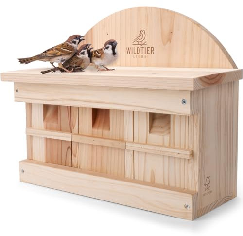 wildtier liebe Nistkasten für Spatzen, Sperlinge nach NABU - Spatzenhaus mit 3 Brutkammern aus Massiv-Holz I Sperlingsnistkasten, Vogelhaus, Vogel Spatzenkolonie - Nistkästen für Vögel