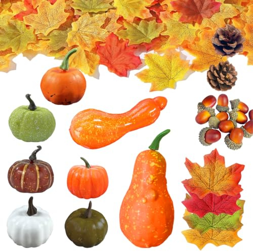 JCOTCL Kürbis Dekoration, 50 Stück Künstlicher Kürbis Deko, Herbst-Dekorationsset, Pumpkin Fall Decor, mit Mini Kürbi Eicheln Ahornblätter Tannenzapfen, für Halloween, Thanksgiving, Herbst Deko Innen