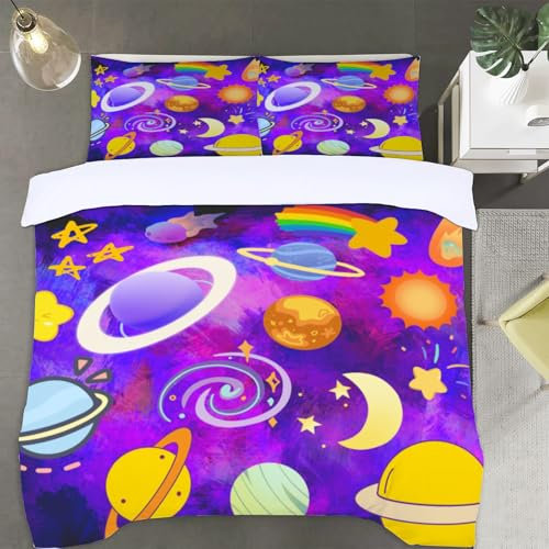 3D Weltall Kinder Bettwäsche Set 155x220 cm Weich Mikrofaser Kinder und Jugendliche Bettwäsche-Sets mit Reißverschluss 3 Teilig Bettbezug Set mit Kissenbezug 80x80 cm