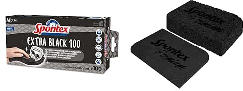 Spontex Bundle Extra Black Einmalhandschuhe aus Vinyl, Größe M, schwarz,100er Pack + Premium–Quellschwamm, schwarz, 3er Pack